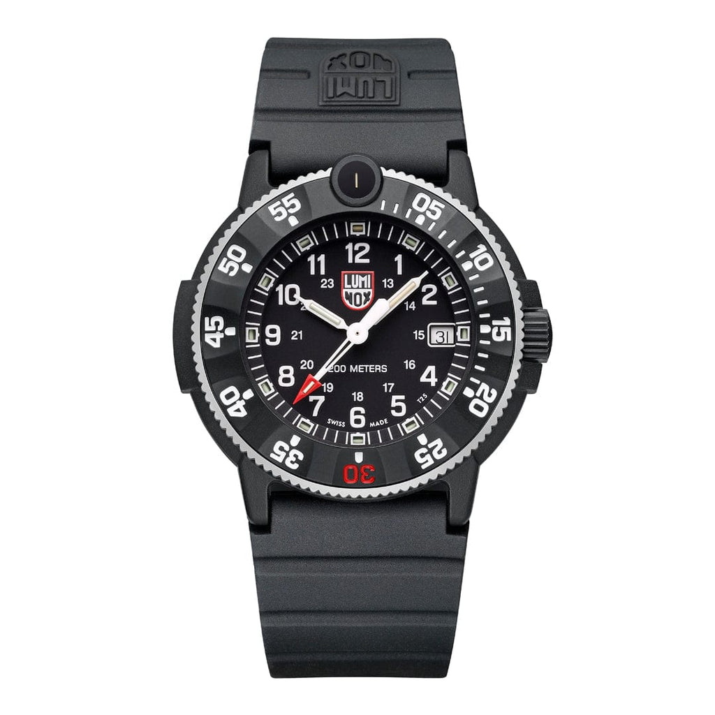 Herren-Armbanduhr mit schwarzem Silikonarmband, schwarzem Zifferblatt und gerahmter Lünette