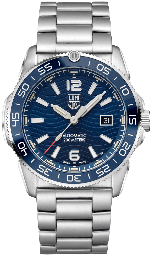 Montre bracelet avec cadran bleu, guichet date et bracelet en métal ; automatique, style plongeuse.