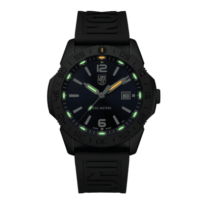 Montre noire pour homme avec cadran bleu et index luminescents, logo Luminox