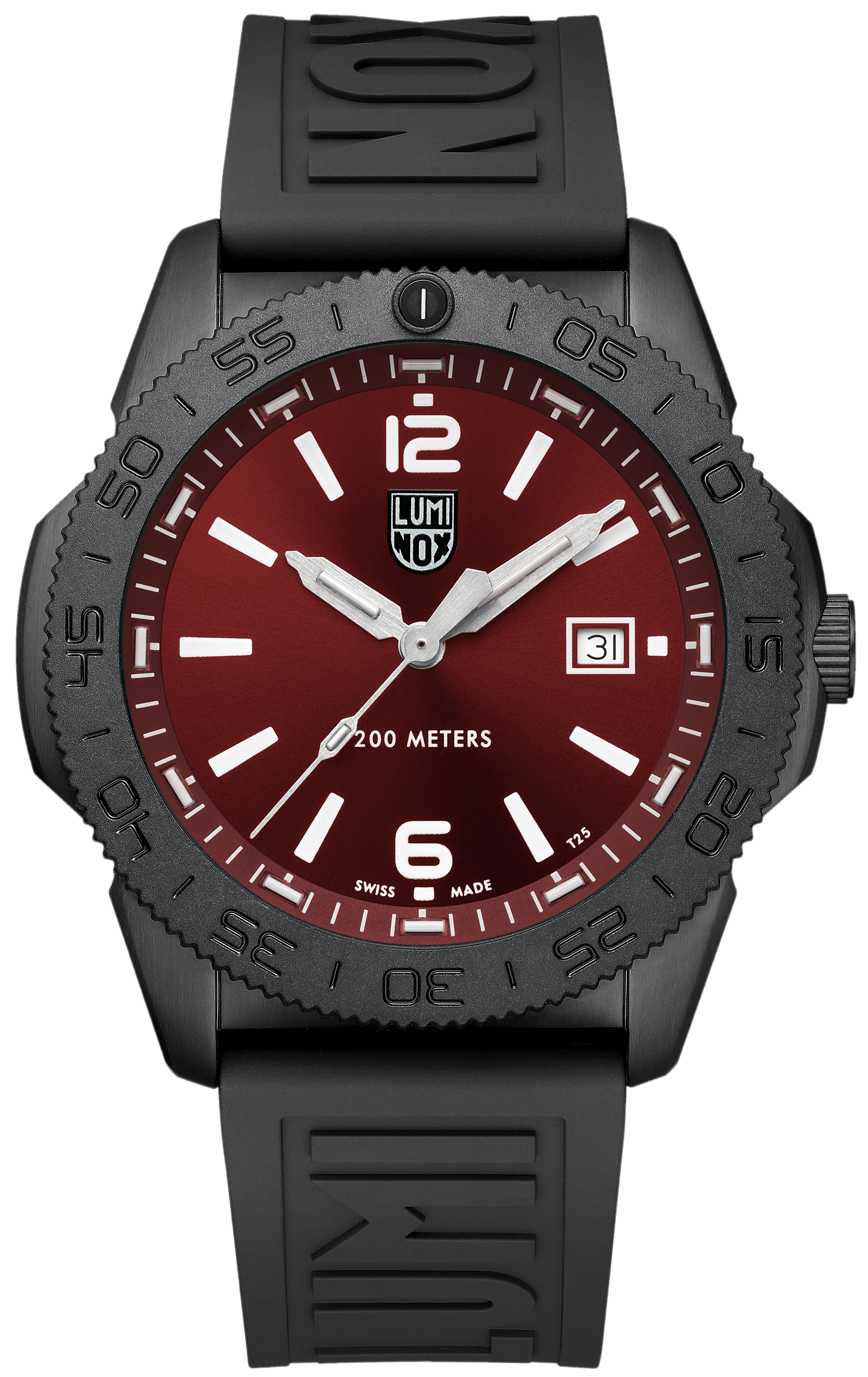 Montre de plongée avec cadran rouge, lunette noire, bracelet en caoutchouc noir et guichet date