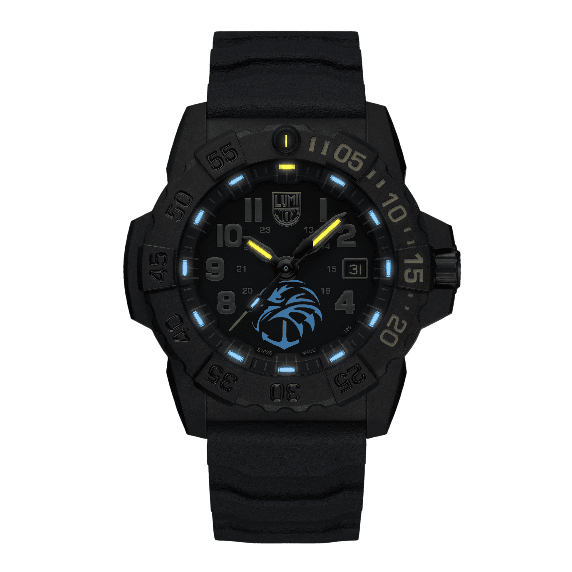 Montre bracelet pour homme avec boîtier noir et bracelet bleu foncé, lunette lumineuse bleue, date.