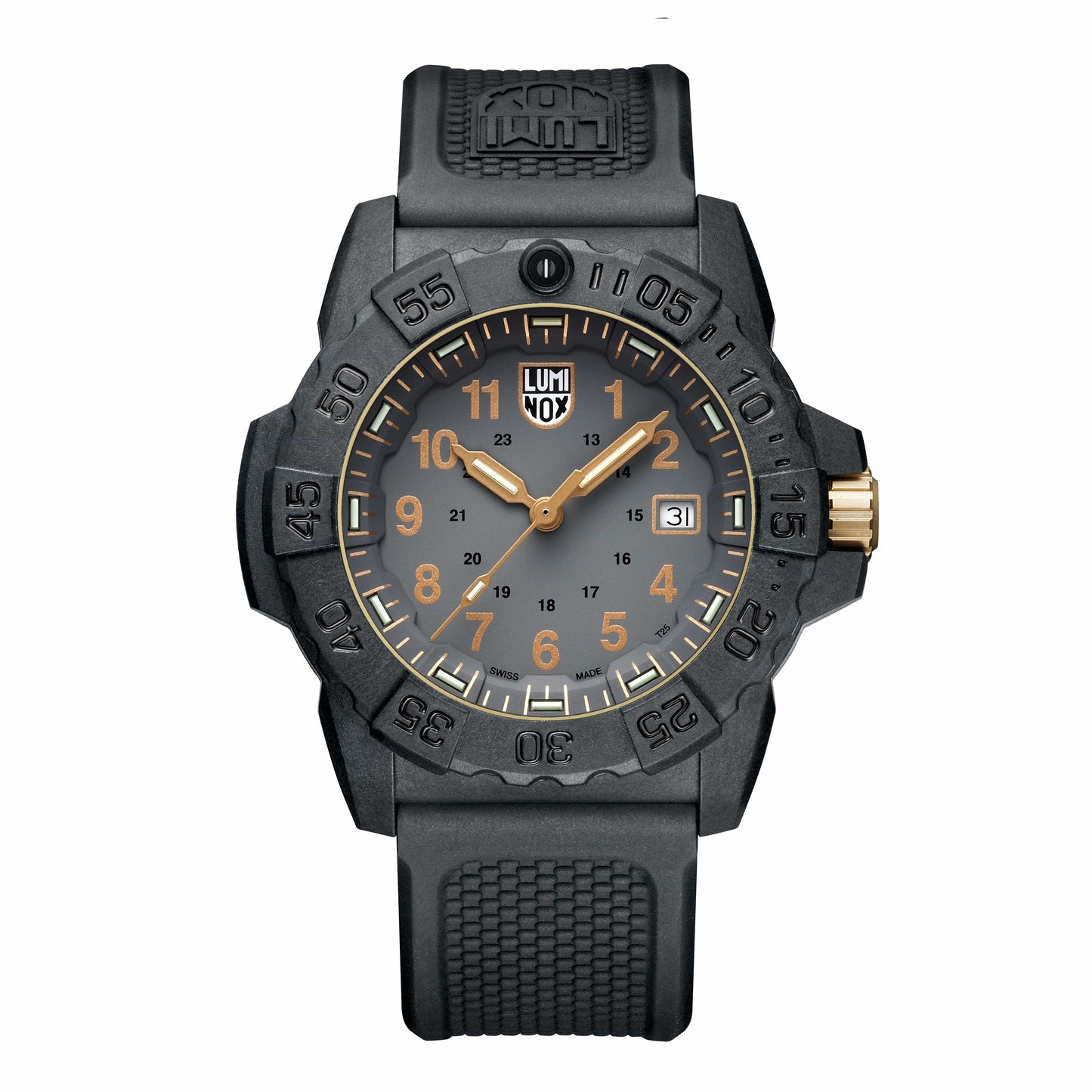 Schwarze Herren-Armbanduhr mit Carbon-Look-Gehäuse, goldenen Zeigern und Datumsfenster
