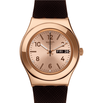 Armbanduhr mit Roségoldfarbenem Gehäuse, beigem Zifferblatt und braunem Silikonband