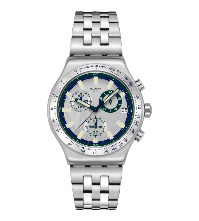 Edelstahl-Chronograph mit blauem Zifferblatt und silbernem Armband