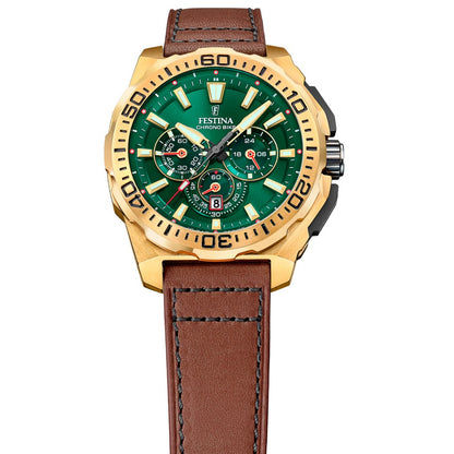 Festina Chrono Bike Herrenuhr: grünes Zifferblatt, braunes Lederarmband, Chronograph