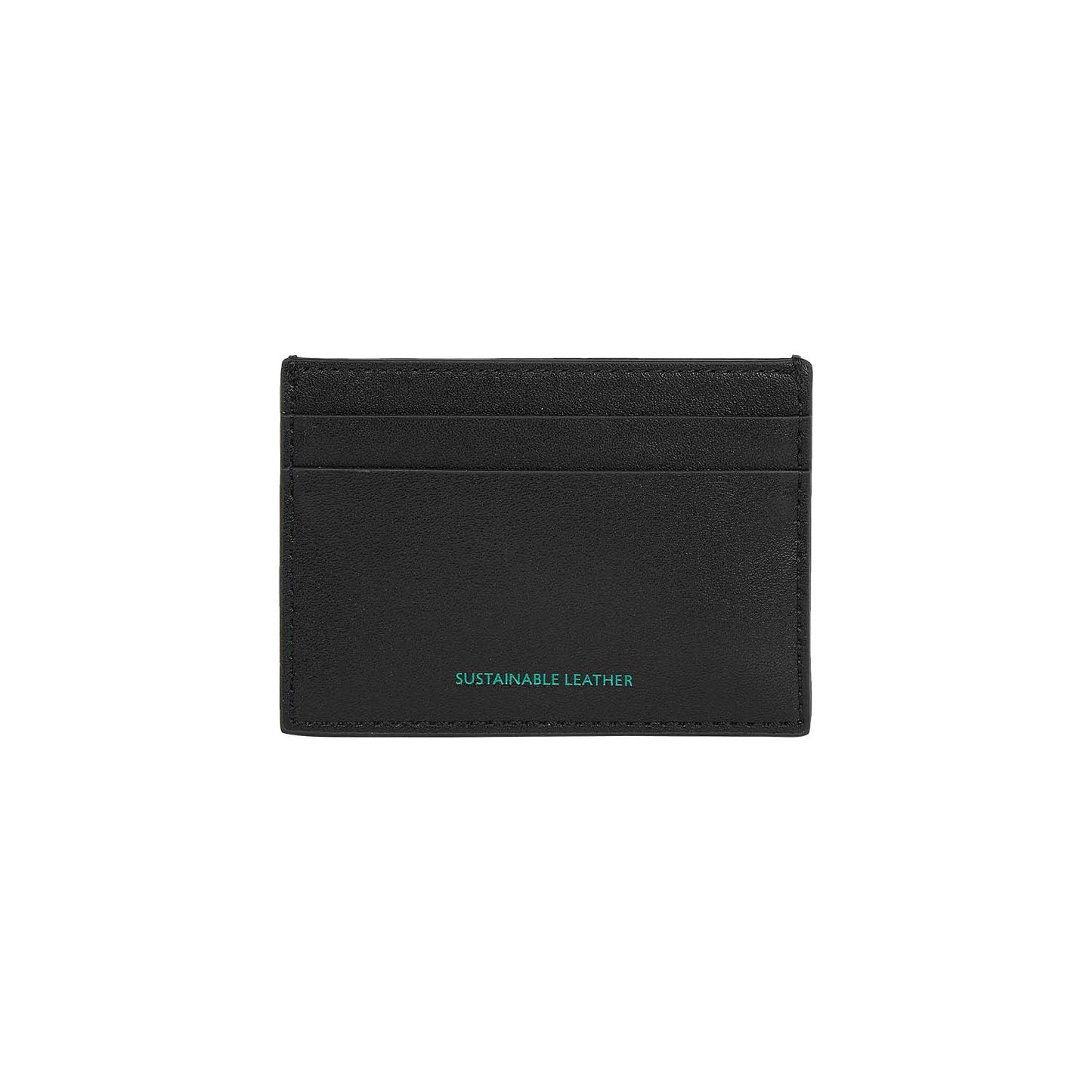 Kartenhalter aus schwarzem Kunstleder mit Prägung „SUSTAINABLE LEATHER“ vorn