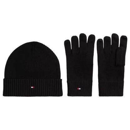 Tommy Hilfiger schwarze Strickmütze und Handschuhe, rot-blaues Logo