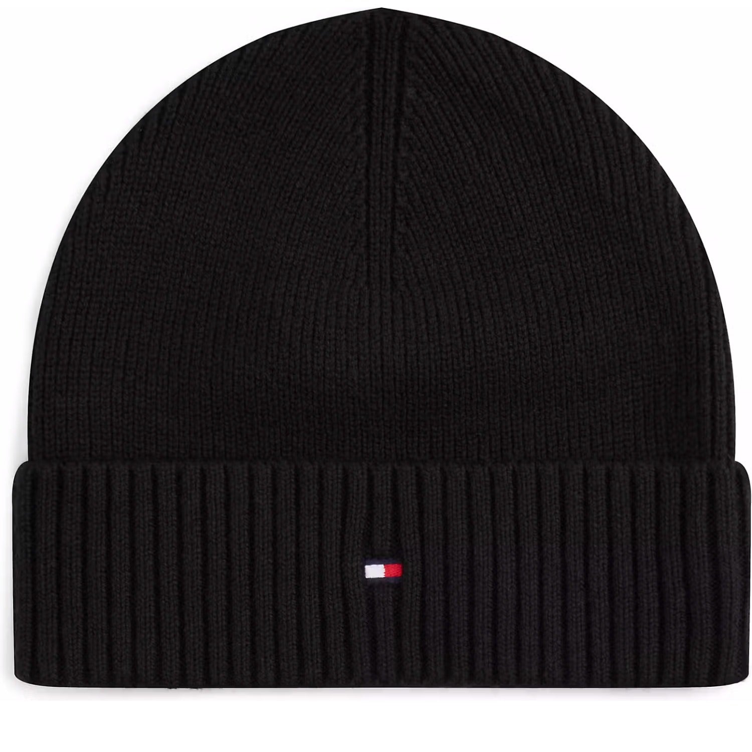 Tommy Hilfiger schwarze Strickmütze mit geripptem Saum und Flag-Emblem