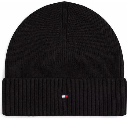 Tommy Hilfiger schwarze Strickmütze mit geripptem Saum und Flag-Emblem
