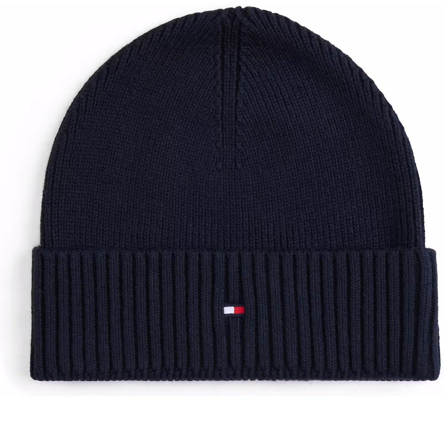 Dunkelblaue Tommy Hilfiger Beanie, gerippter Saum und kleines Flaggen-Logo