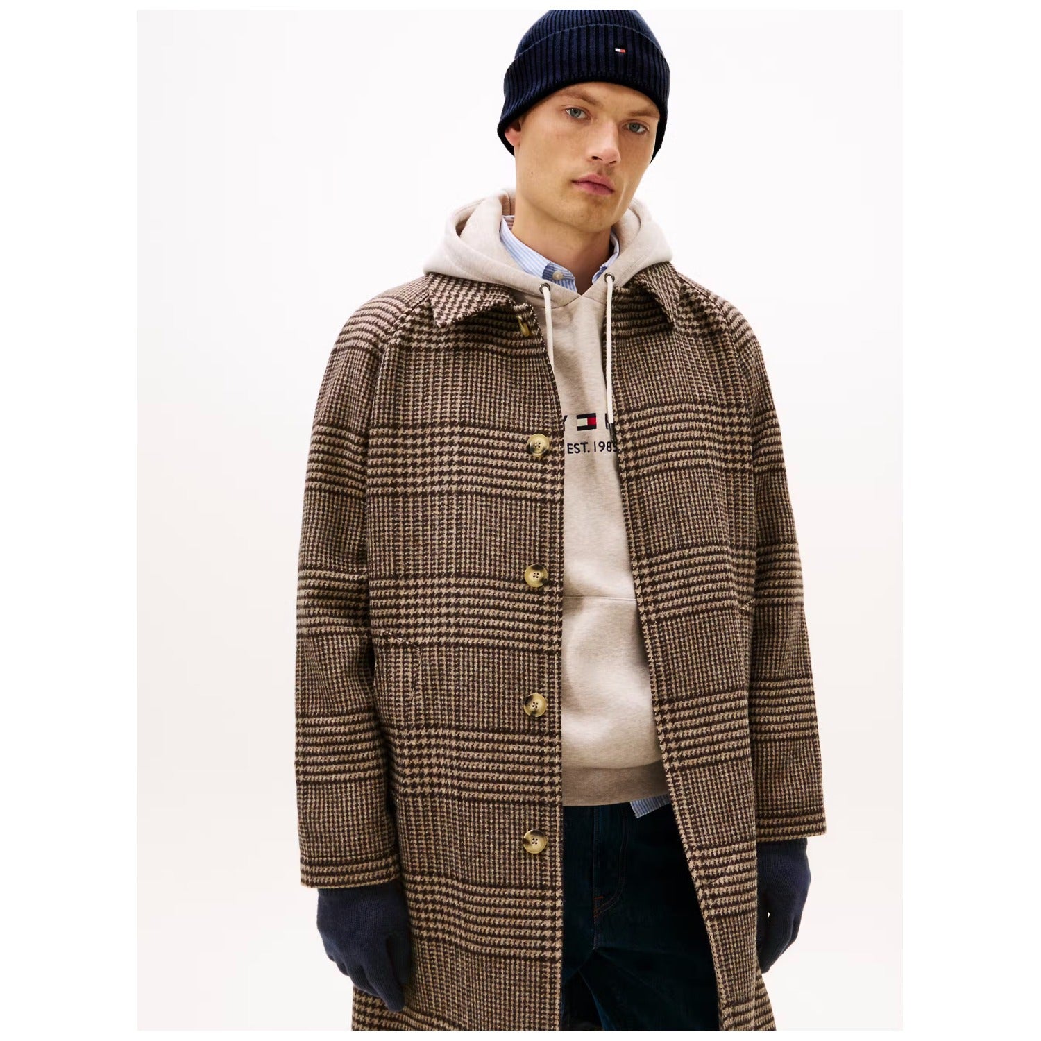 Herren-Beanie von Tommy Hilfiger, dunkelblau gerippt, mit kleinem Flaggen-Logo