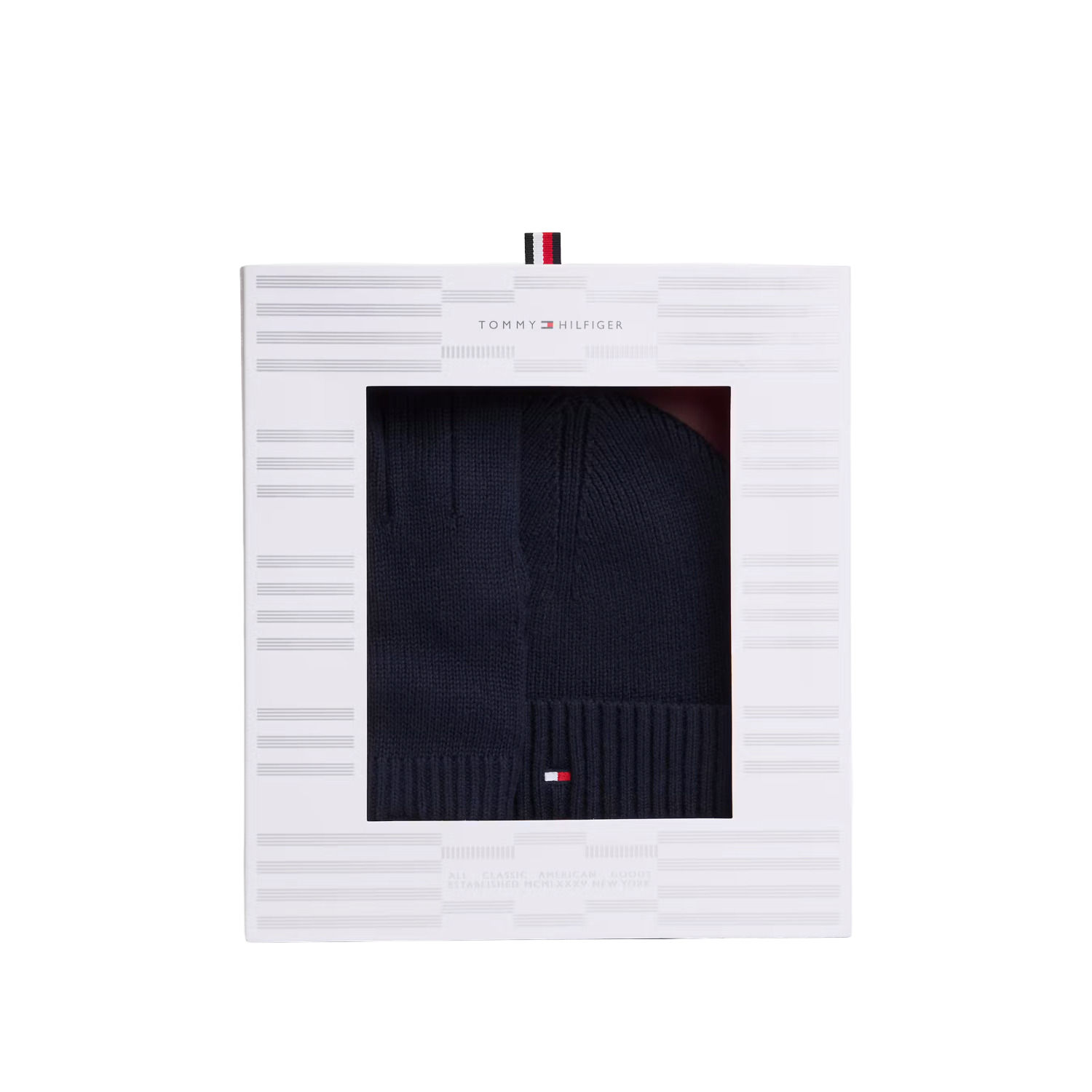 Tommy Hilfiger Beanie in dunkler Farbe, verpackt im Karton