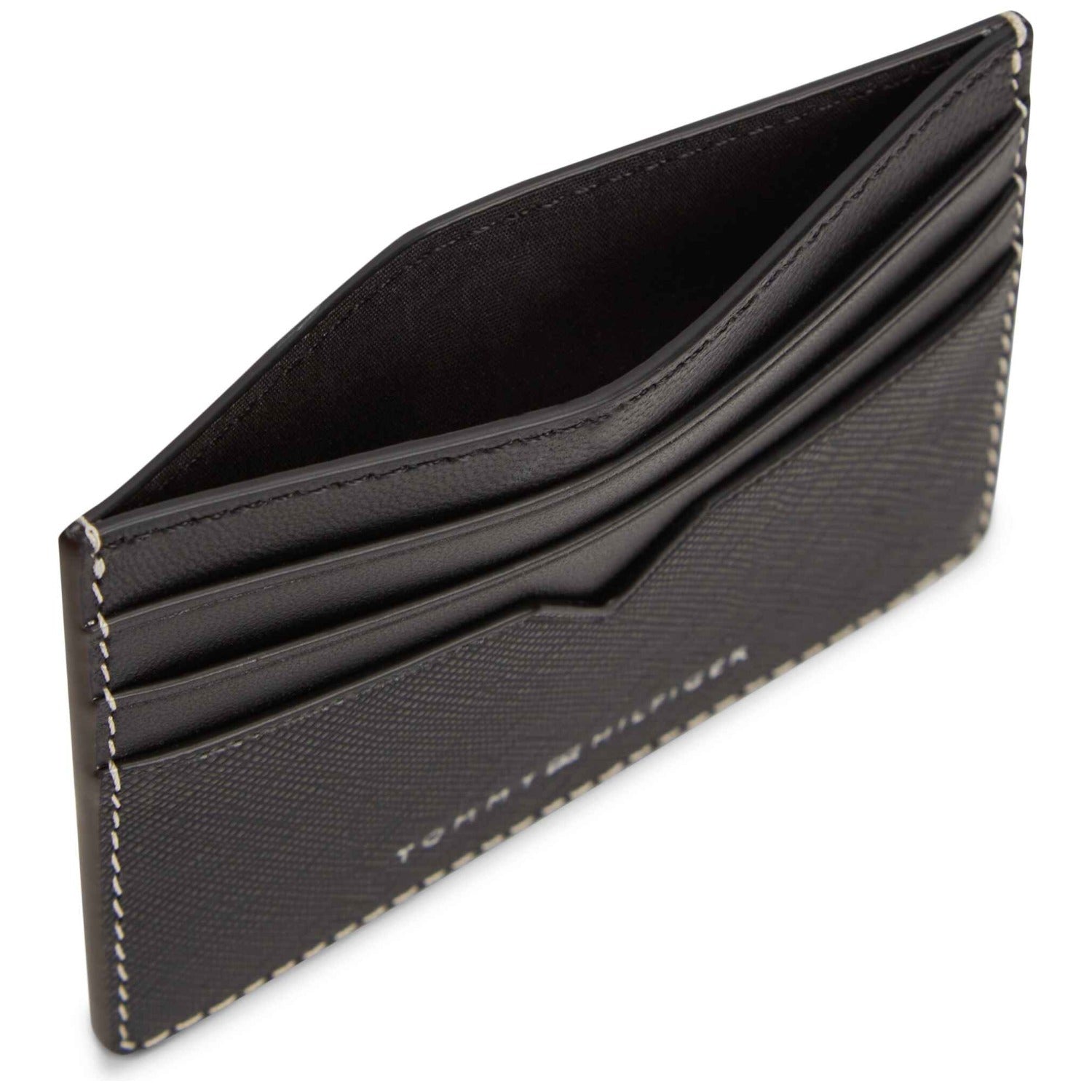 Schwarzes Lederarmband mit Ziernaht und Tommy Hilfiger Prägung, schräg