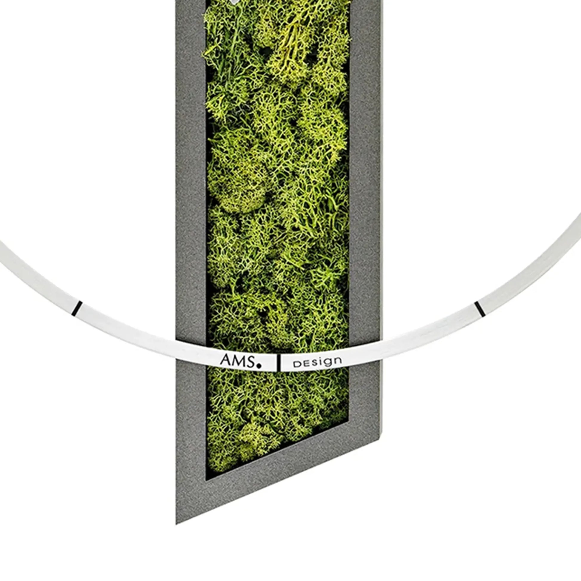Horloge murale avec cadre en bois et incrustation de mousse, anneau blanc et aiguilles argentées
