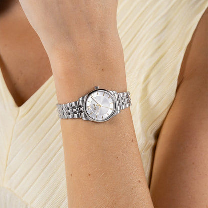 Damen-Armbanduhr mit silbernem Edelstahlarmband und rundem Zifferblatt mit goldenen Zeigern