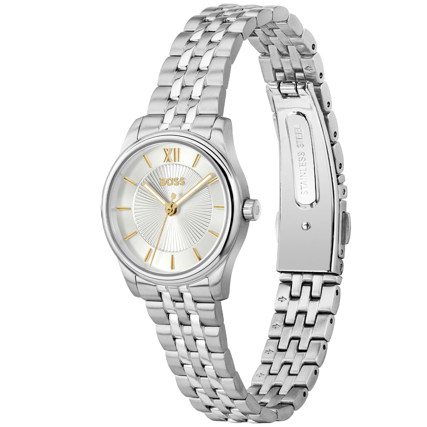 Damen-Armbanduhr mit silbernem Edelstahlarmband, rundem Zifferblatt mit römischen Ziffern