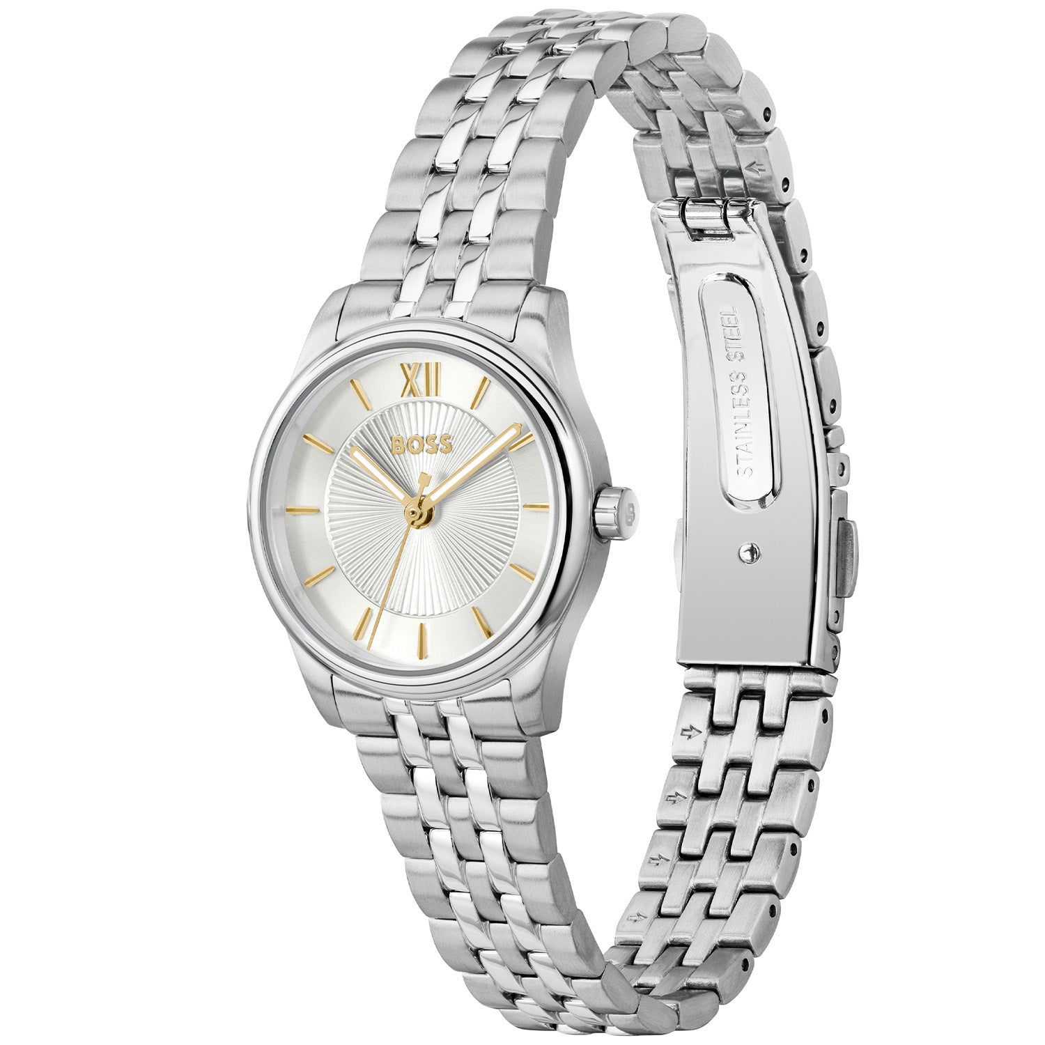 Damen-Armbanduhr mit silbernem Edelstahlarmband, rundem Zifferblatt mit römischen Ziffern