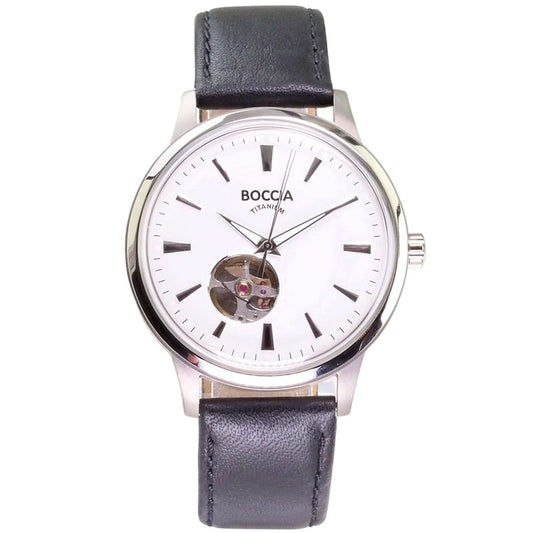 Boccia Titanium Herrenuhr 3613-02 mit Titangehäuse, weißem Zifferblatt und dunklem Lederarmband