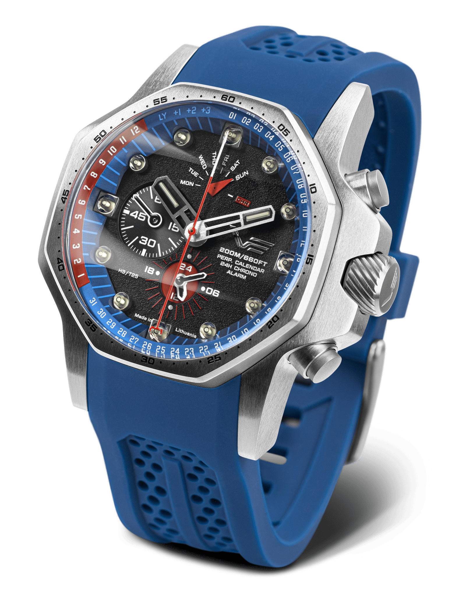 Vostok Europe herrklocka med blått silikonarmband, blå ring och svart urtavla