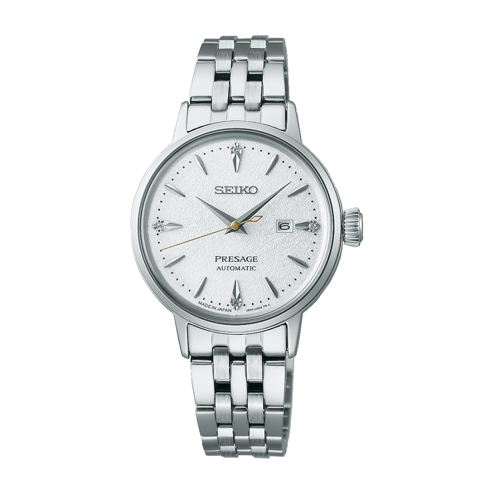 Seiko Presage Montre femme avec bracelet milanais argenté et cadran blanc