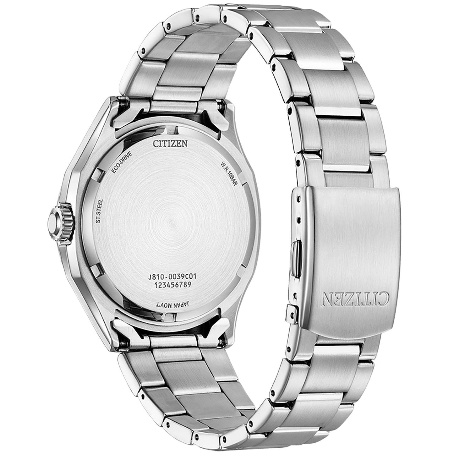 Citizen Herrenarmbanduhr, Rückseite mit Schriftzug und Edelstahlgliederband.