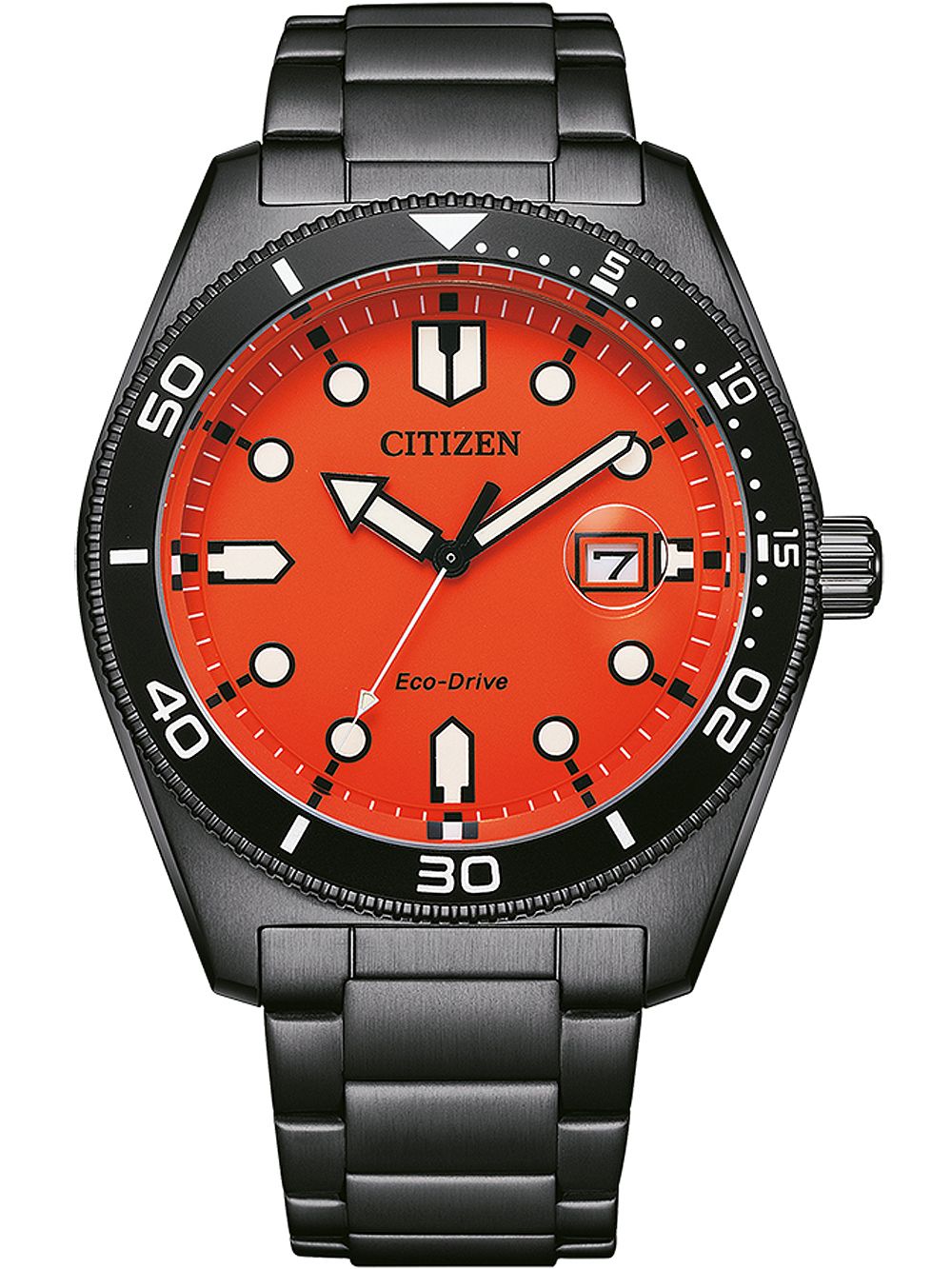 Citizen Promaster Herrenuhr mit orangefarbenem Zifferblatt, schwarzem Metallband und Lünette.