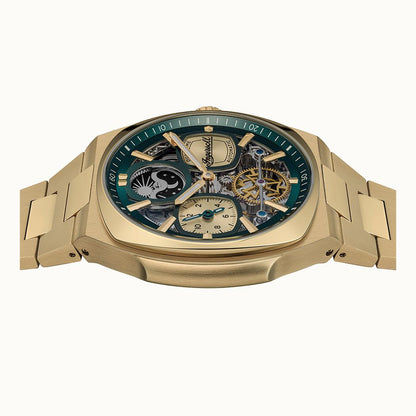 Goldfarbene Herrenuhr von vorn, Skelettwerk mit mehrschichtigen Zahnrädern