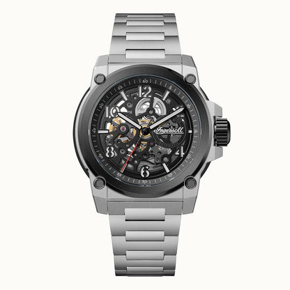 Herrenuhr mit Automatikwerk, schwarzem Zifferblatt und silbernem Edelstahlarmband.