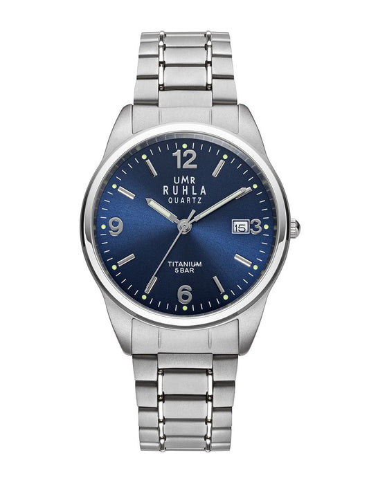 Montre pour homme UMR Ruhla avec cadran bleu, bracelet à maillons en titane et affichage de la date