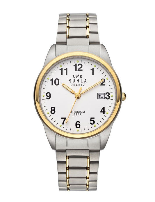 Montre pour homme UMR Ruhla Basic avec cadran blanc, guichet de date et bracelet bicolore