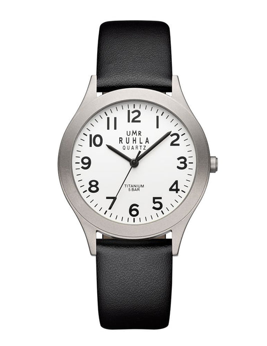 Montre-bracelet UMR Ruhla avec cadran blanc, bracelet en cuir noir et boîtier en titane
