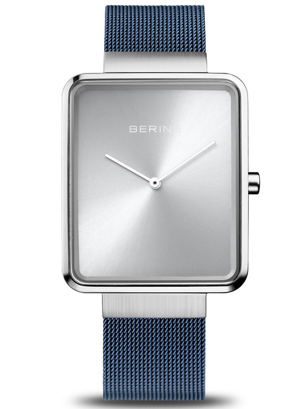 Bering Classic Herrenuhr: blaues Milanaiseband, eckiges silbernes Gehäuse, Saphirglas