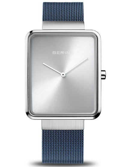 Bering Classic Herrenuhr: blaues Milanaiseband, eckiges silbernes Gehäuse, Saphirglas