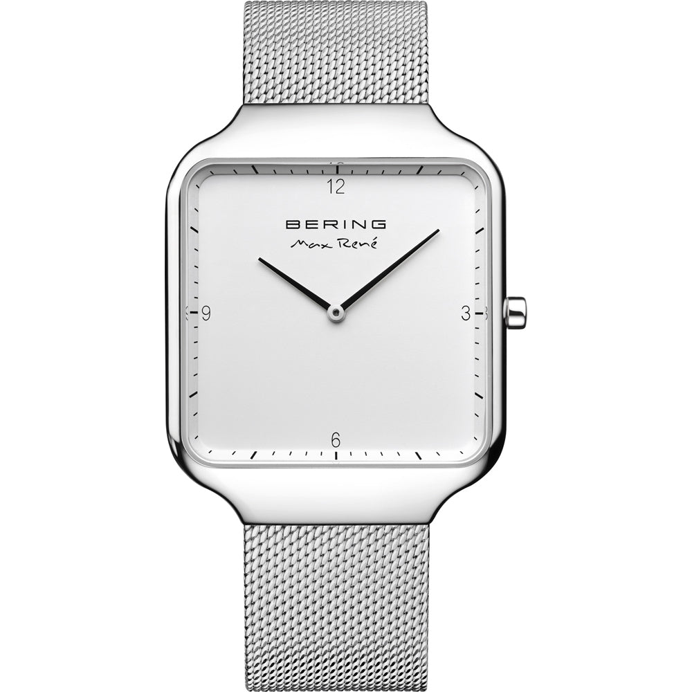 Bering Herrenarmbanduhr Max René mit Milanaisearmband, Saphirglas und weißem Zifferblatt