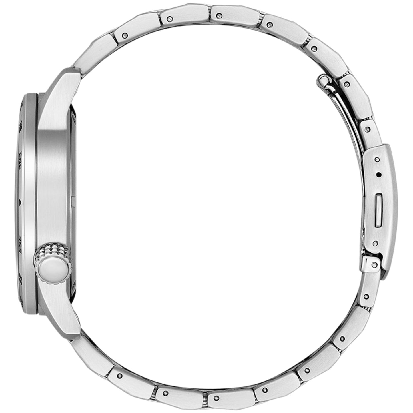 Herrenarmbanduhr mit silbernem Edelstahlgehäuse und Armband, sichtbare Krone