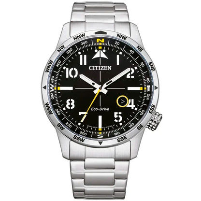Citizen Aviator Herrenuhr mit schwarzem Zifferblatt, gelben Akzenten, Edelstahlarmband