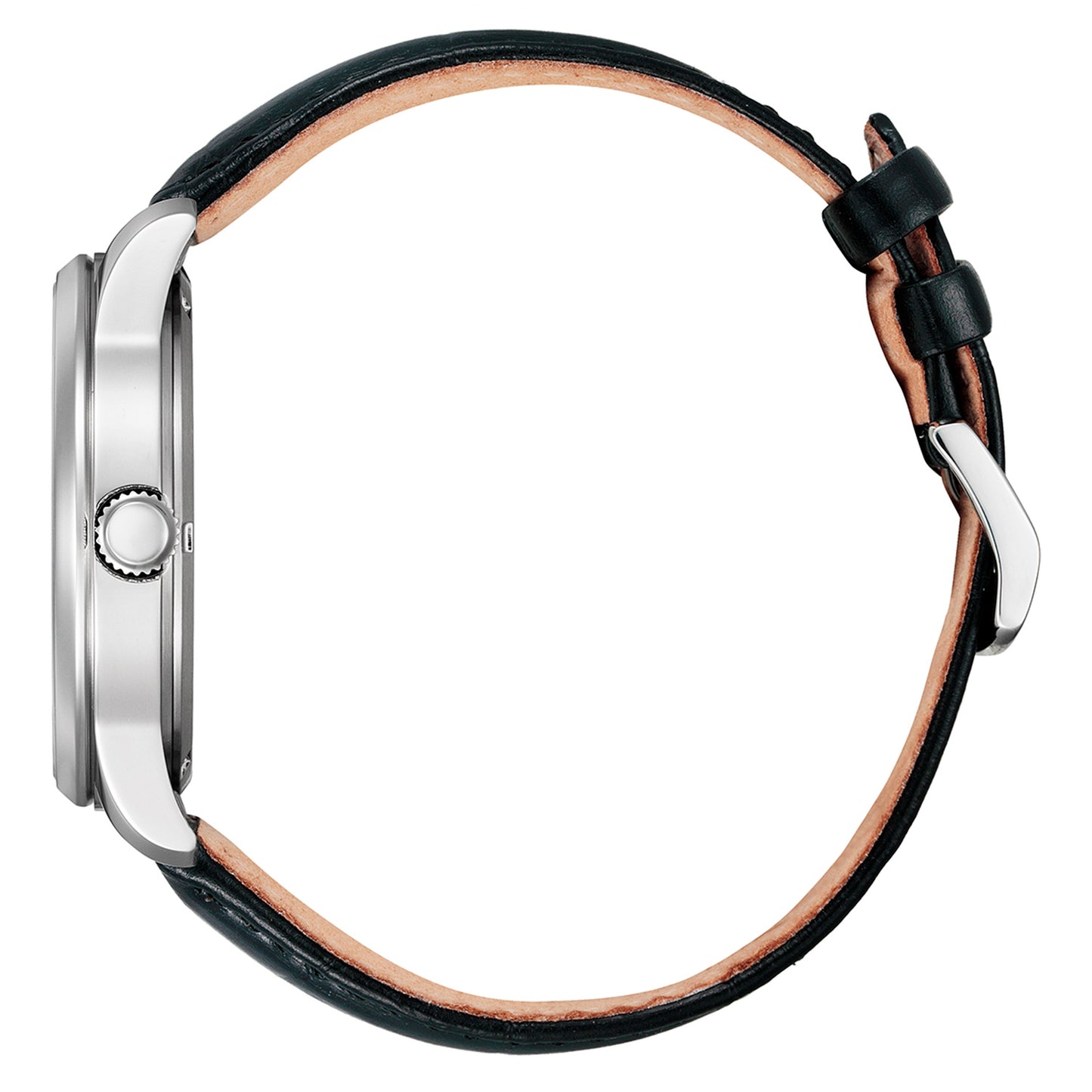 Citizen Eco-Drive Herrenuhr: schwarzes Lederarmband, Edelstahlgehäuse, Seitenansicht