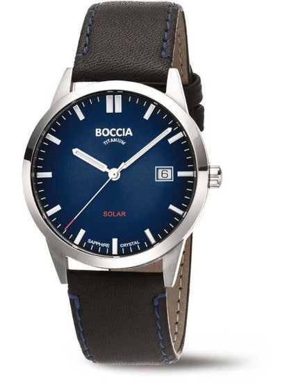 Herrenarmbanduhr Boccia mit Solar, blauem Zifferblatt und Lederarmband, Saphirglas