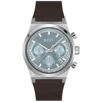 Herren-Chronograph BOSS mit Quarzwerk, rundem Edelstahlgehäuse, blauem Zifferblatt und braunem Lederband