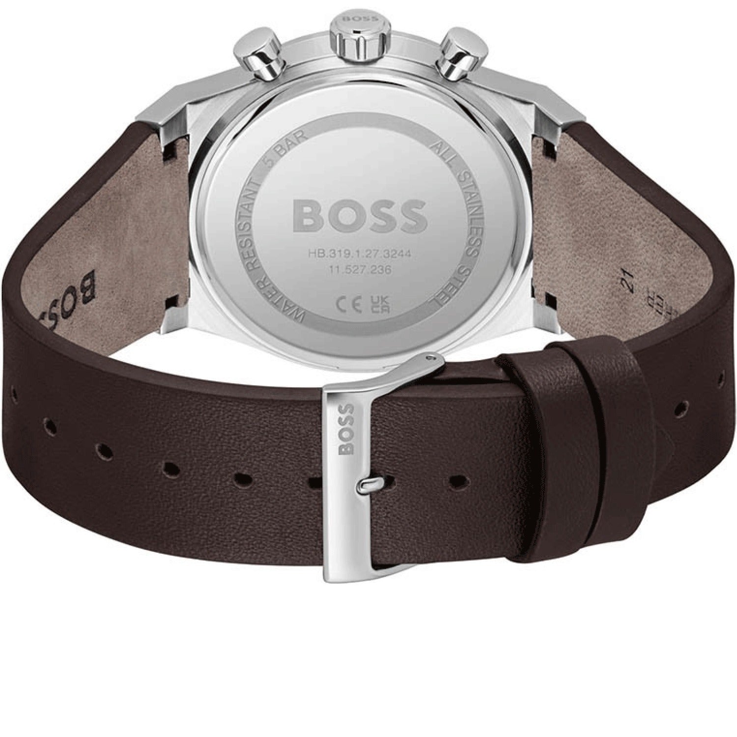 BOSS Chronograph Rückseite mit silbernem Gehäuse und dunkelbraunem Lederarmband