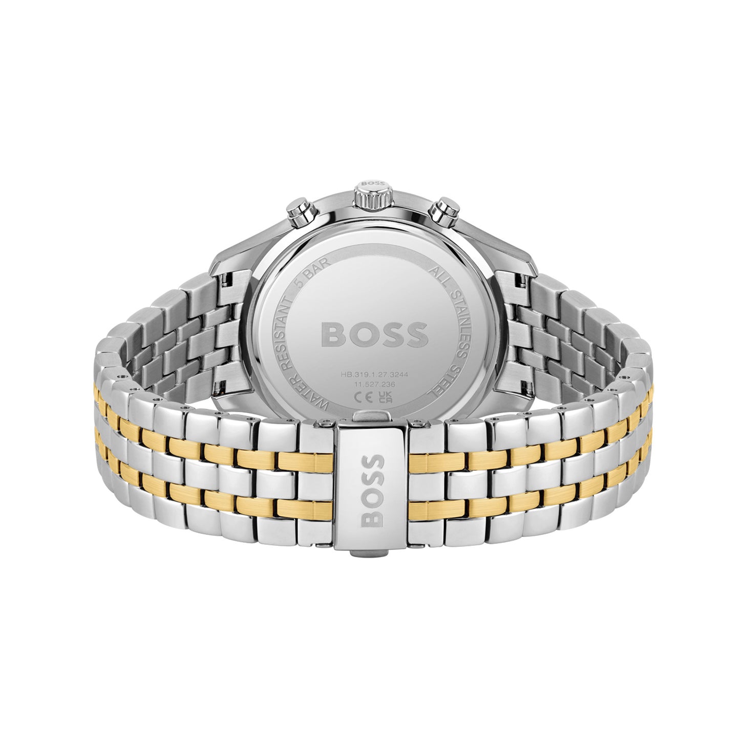 Herrenarmbanduhr BOSS, Rückseite mit Prägung, zweifarbiges Edelstahlgliederarmband