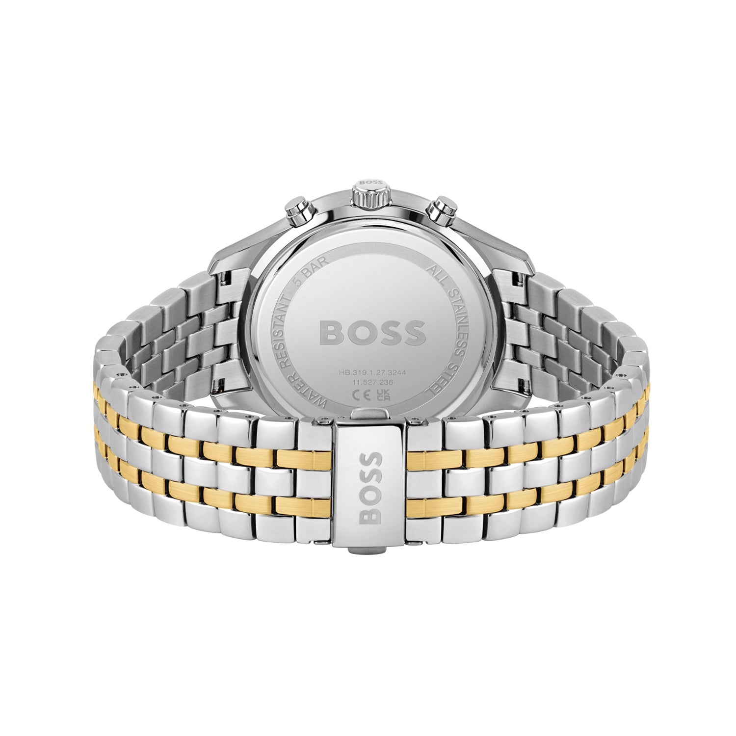 Herrenarmbanduhr BOSS, Rückseite mit Prägung, zweifarbiges Edelstahlgliederarmband