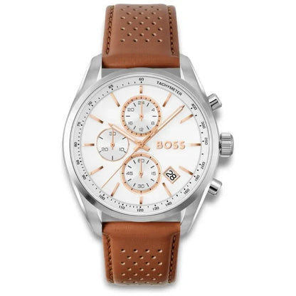 Herrenarmbanduhr BOSS Grand Prix: weißes Zifferblatt, Chronograph mit Tachymeter, braunes perforiertes Lederband
