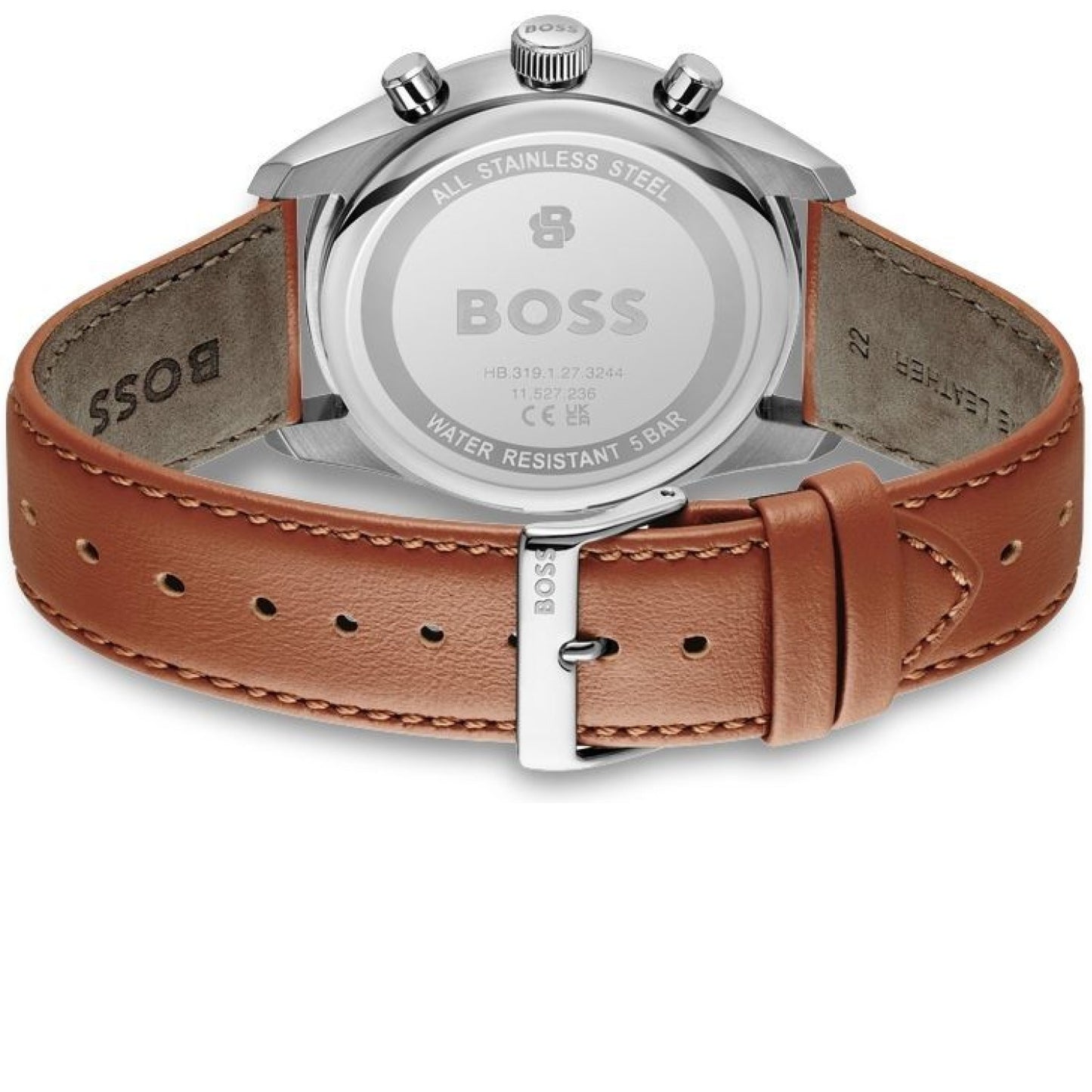 Rückansicht Chronograph-Armbanduhr mit braunem Lederarmband, Dornschließe und Edelstahlboden
