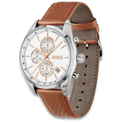 Chronograph-Armbanduhr mit weißem Zifferblatt, Tachymeter-Skala und braunem Lederarmband