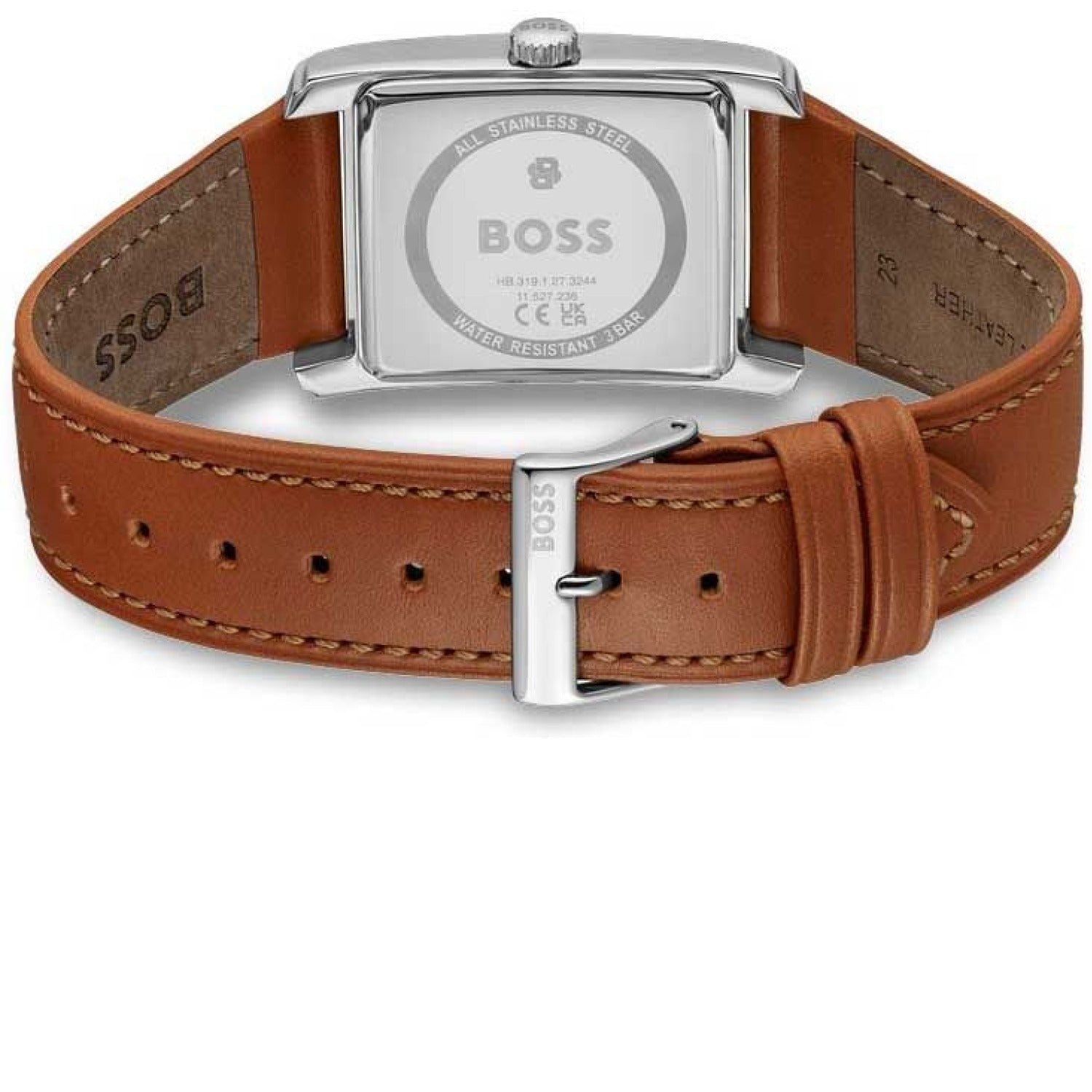 Herrenarmbanduhr mit braunem Lederband, Schnalle und rechteckigem Gehäuseboden