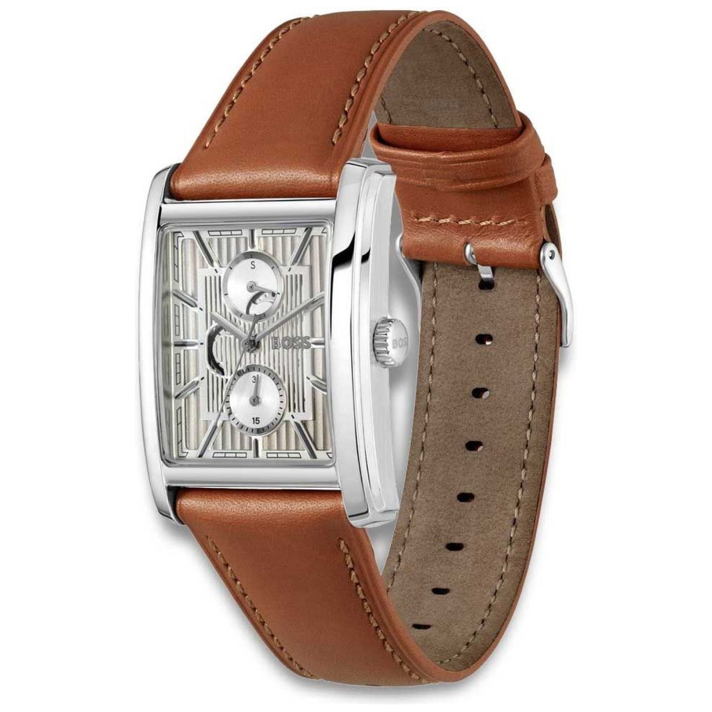 Herrenarmbanduhr, rechteckiges Edelstahlgehäuse mit braunem Lederband