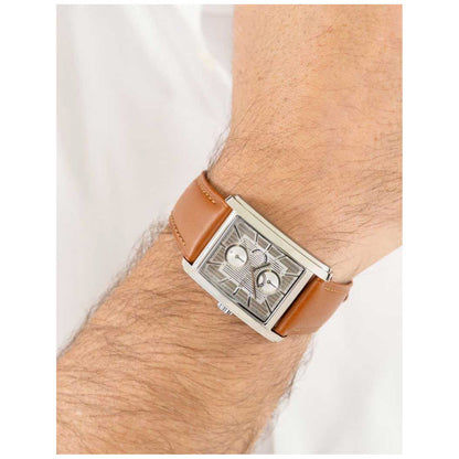 Herrenarmbanduhr mit braunem Lederarmband und rechteckigem Edelstahlgehäuse