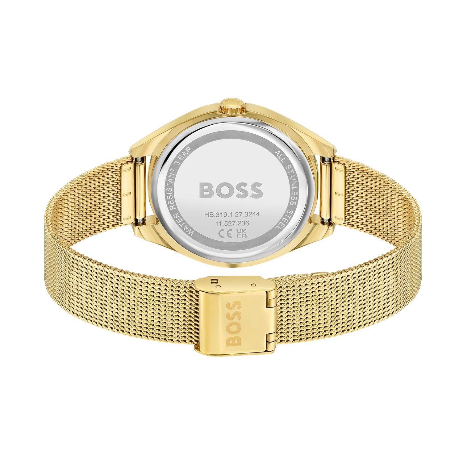 BOSS Saya Damen-Armbanduhr mit goldfarbenem Milanaise-Netzarmband und Faltschließe