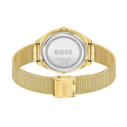 BOSS Saya Damen-Armbanduhr mit goldfarbenem Milanaise-Netzarmband und Faltschließe